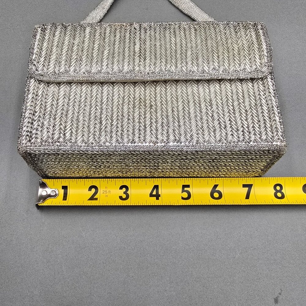 VTG Silver Beaded Herringbone Evening Bag Top Handle 50s La Regale READ - Picture 14 of 15